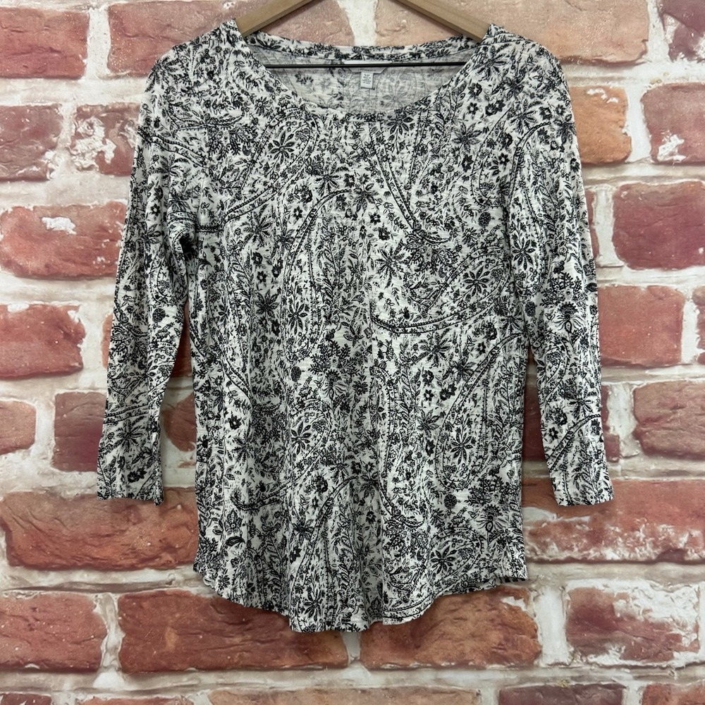 Lucky Brand T Shirt Women's Small White Black Boho Floral Casual Everyday Top